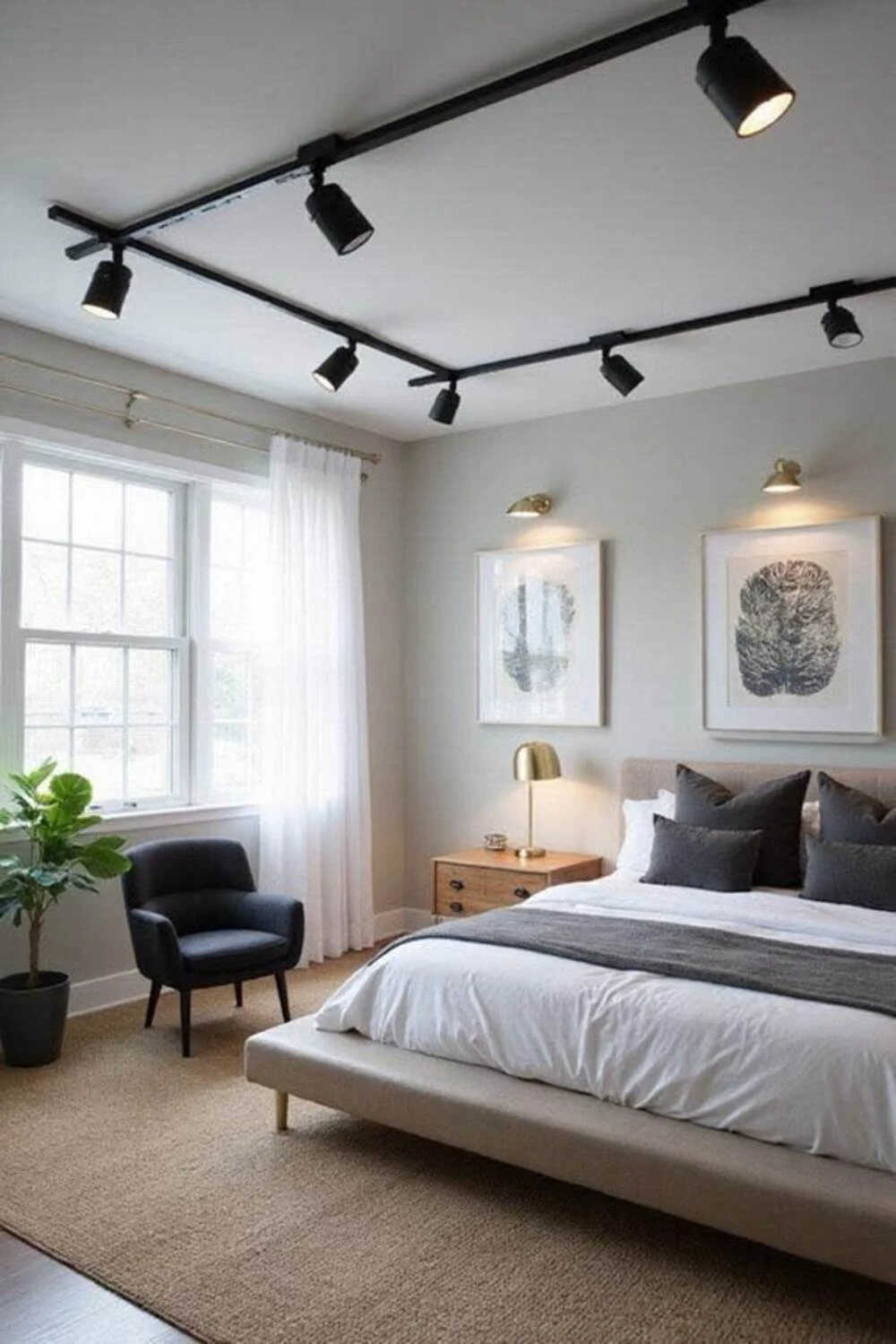 a black and white bedroom with adjustable ceiling lights