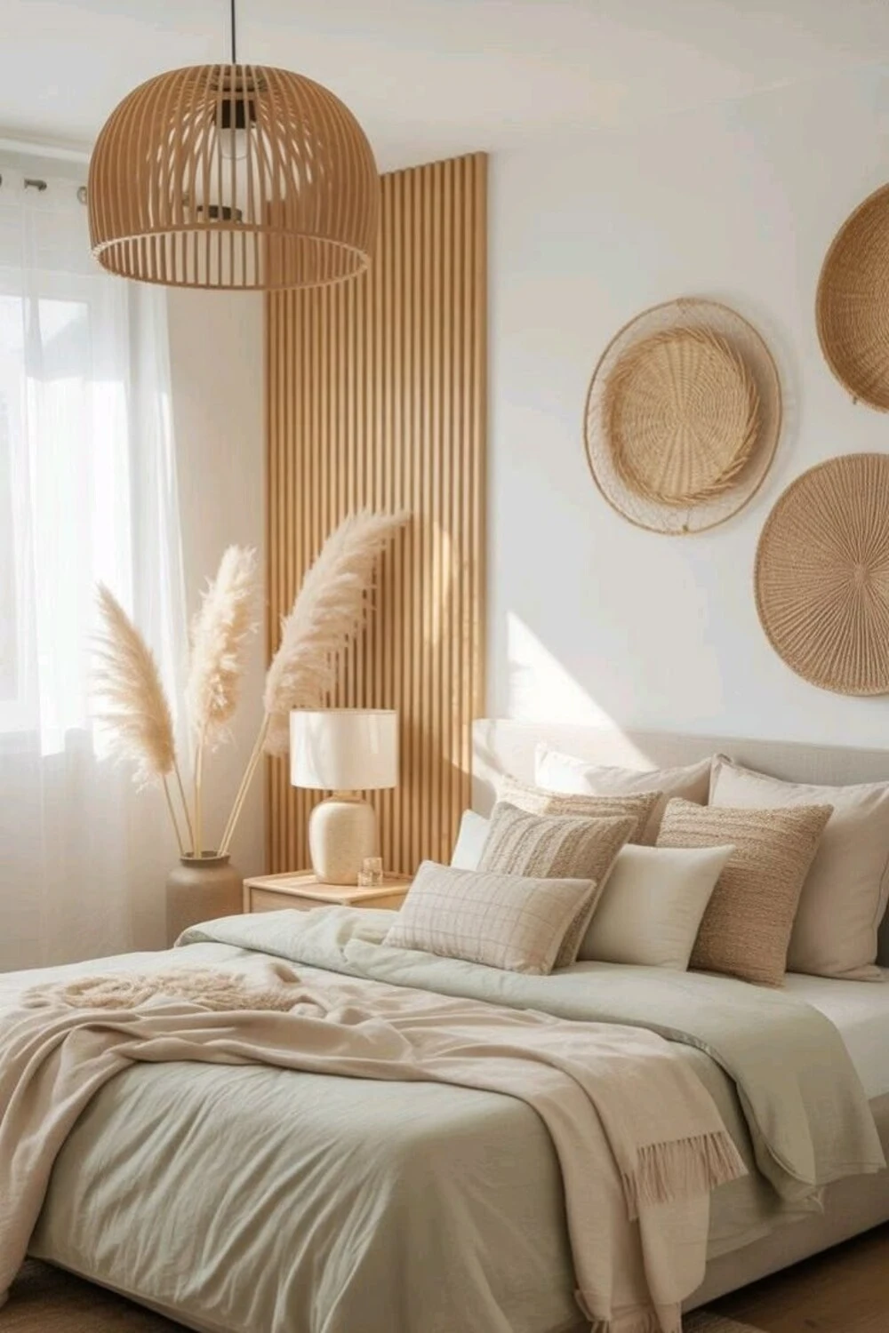a boho bedroom with rattan woven basket ceiling light