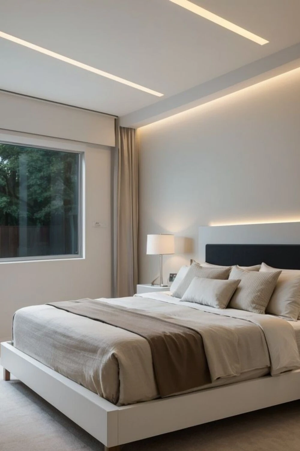 a modern bedroom with linear led ceiling light
