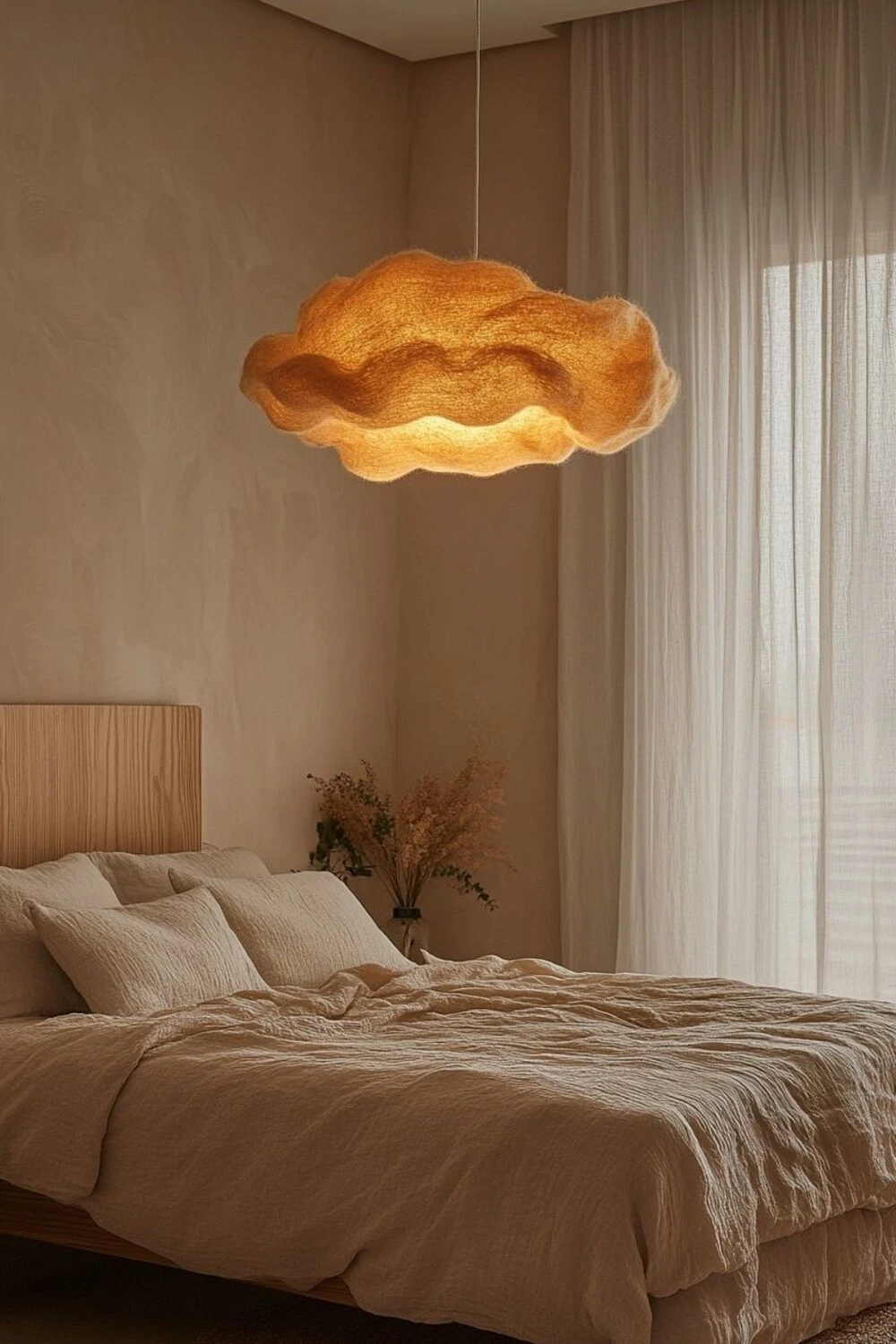 a bedroom with paper pendant ceiling light