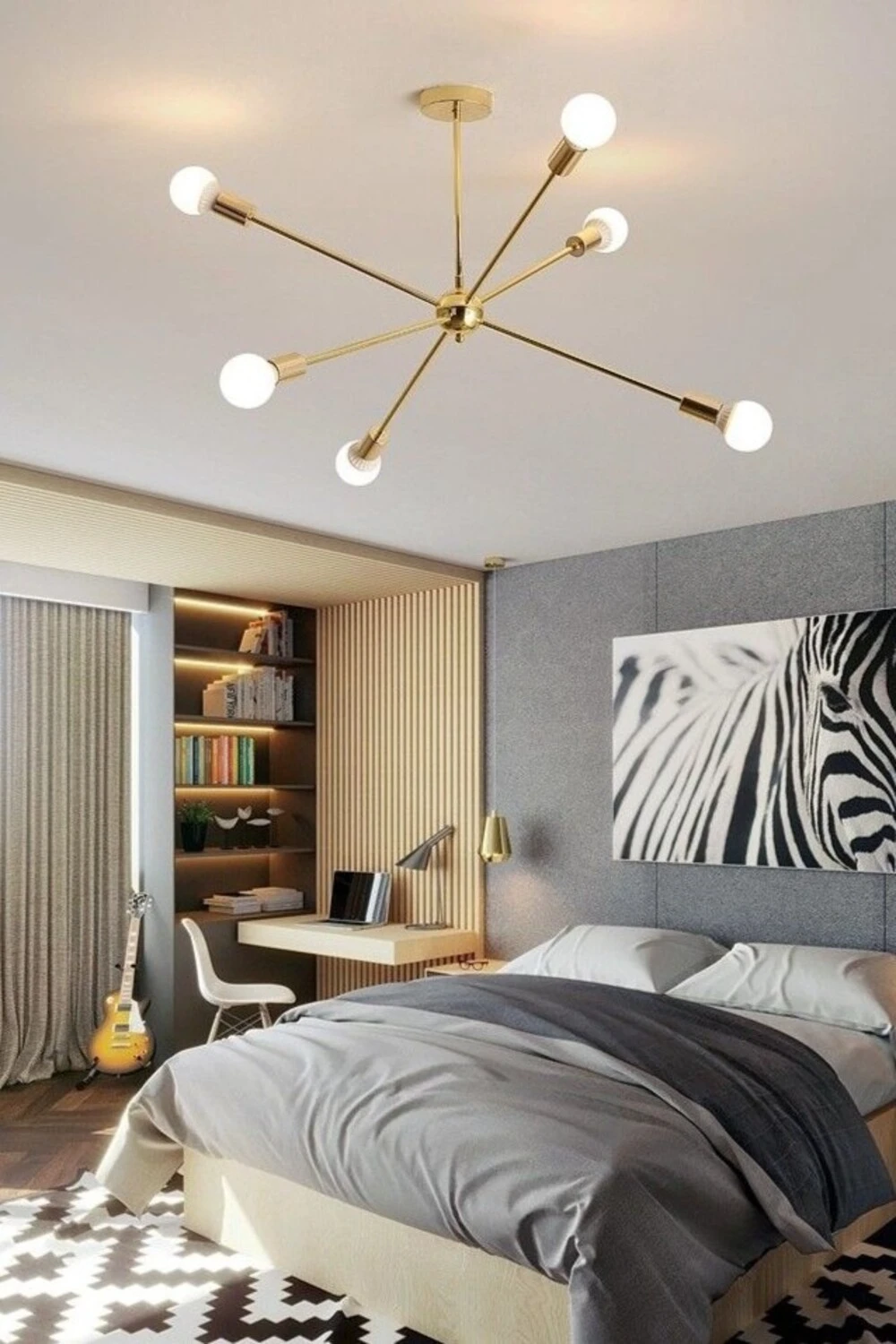 a modern bedroom with sputniks ceiling light