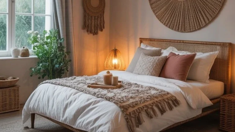 a bedroom with boho style ceiling light and lamp