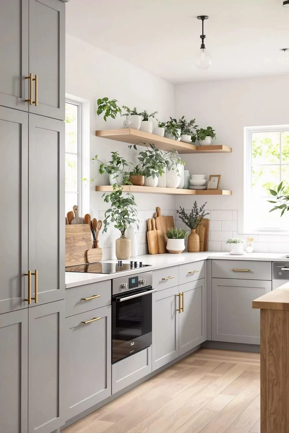 Light Grey Kitchen Inspiration: 10 Ideas for a Modern, Airy Space 4 a light grey kitchen with wooden open shelves and cutting board