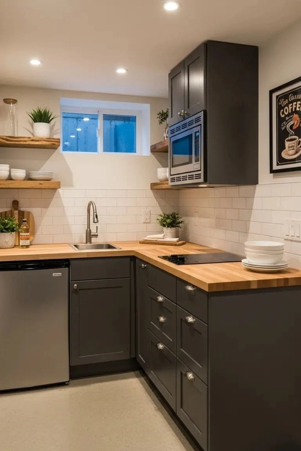 a low ceiling basement kitchen with all white paint