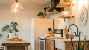 a low ceiling basement kitchen with floating shelves