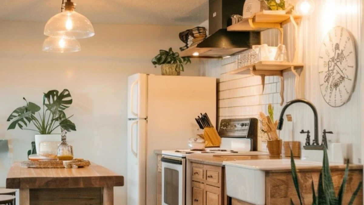 a low ceiling basement kitchen with floating shelves
