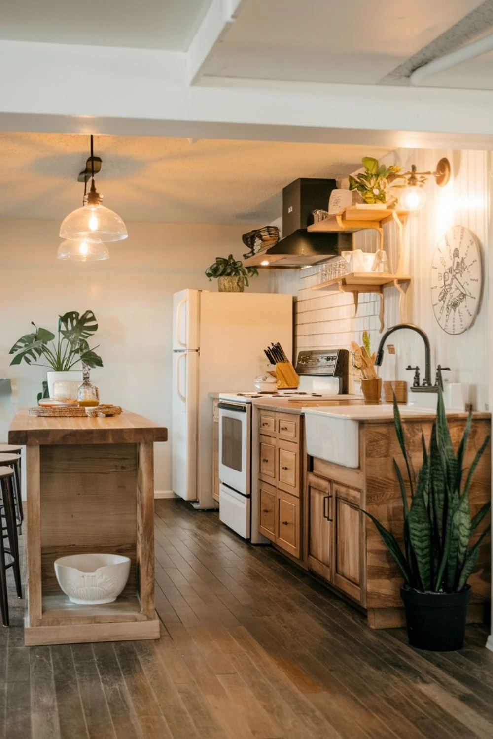 a low ceiling basement kitchen with floating shelves