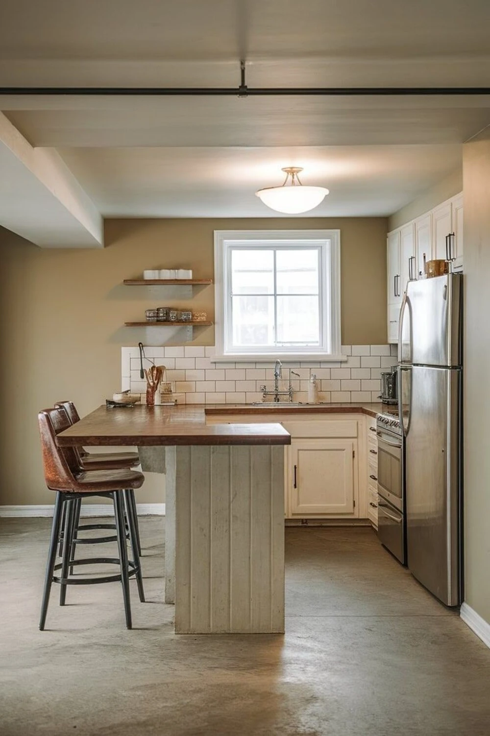 a low ceiling basement kitchen with floor to ceiling pantry