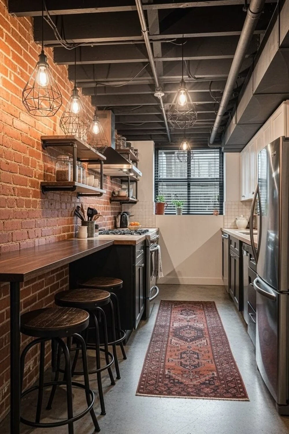 a low ceiling basement kitchen with open joist in black