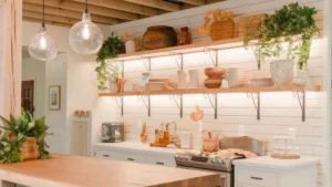 a low ceiling basement kitchen with open wooden joist ceiling