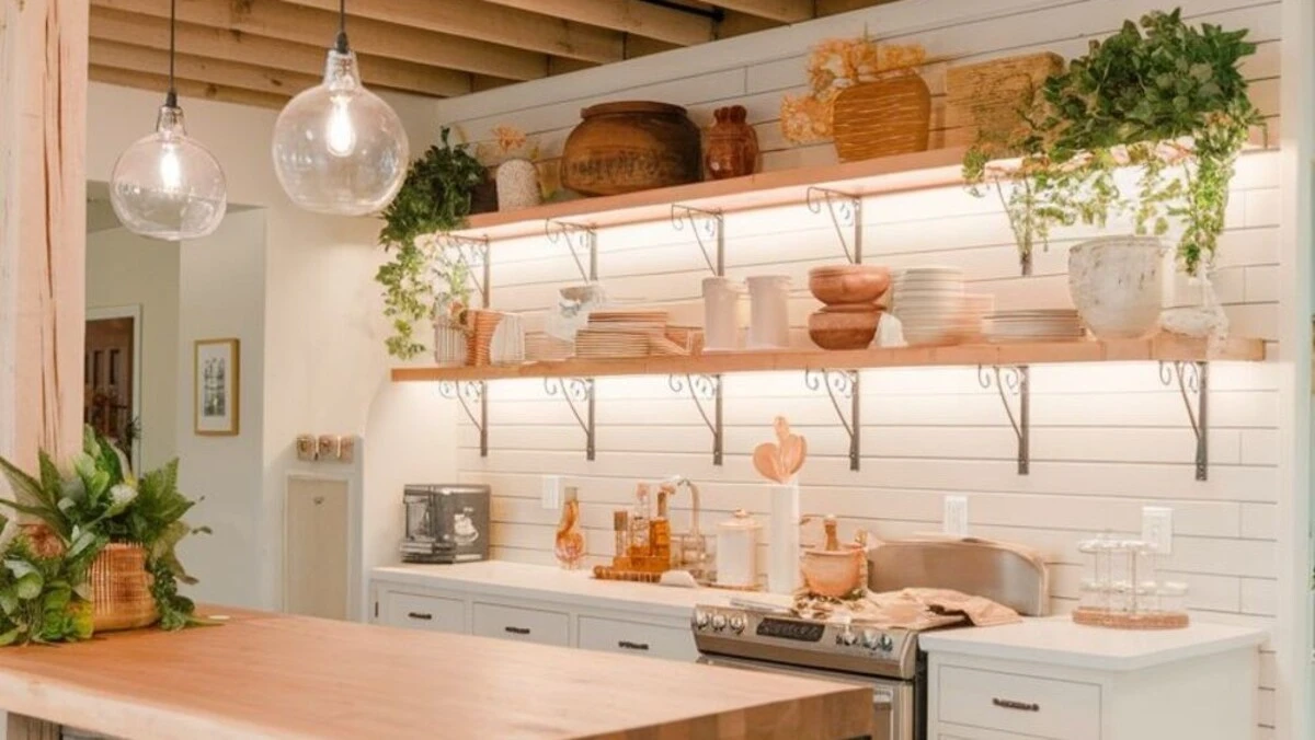 a low ceiling basement kitchen with open wooden joist ceiling