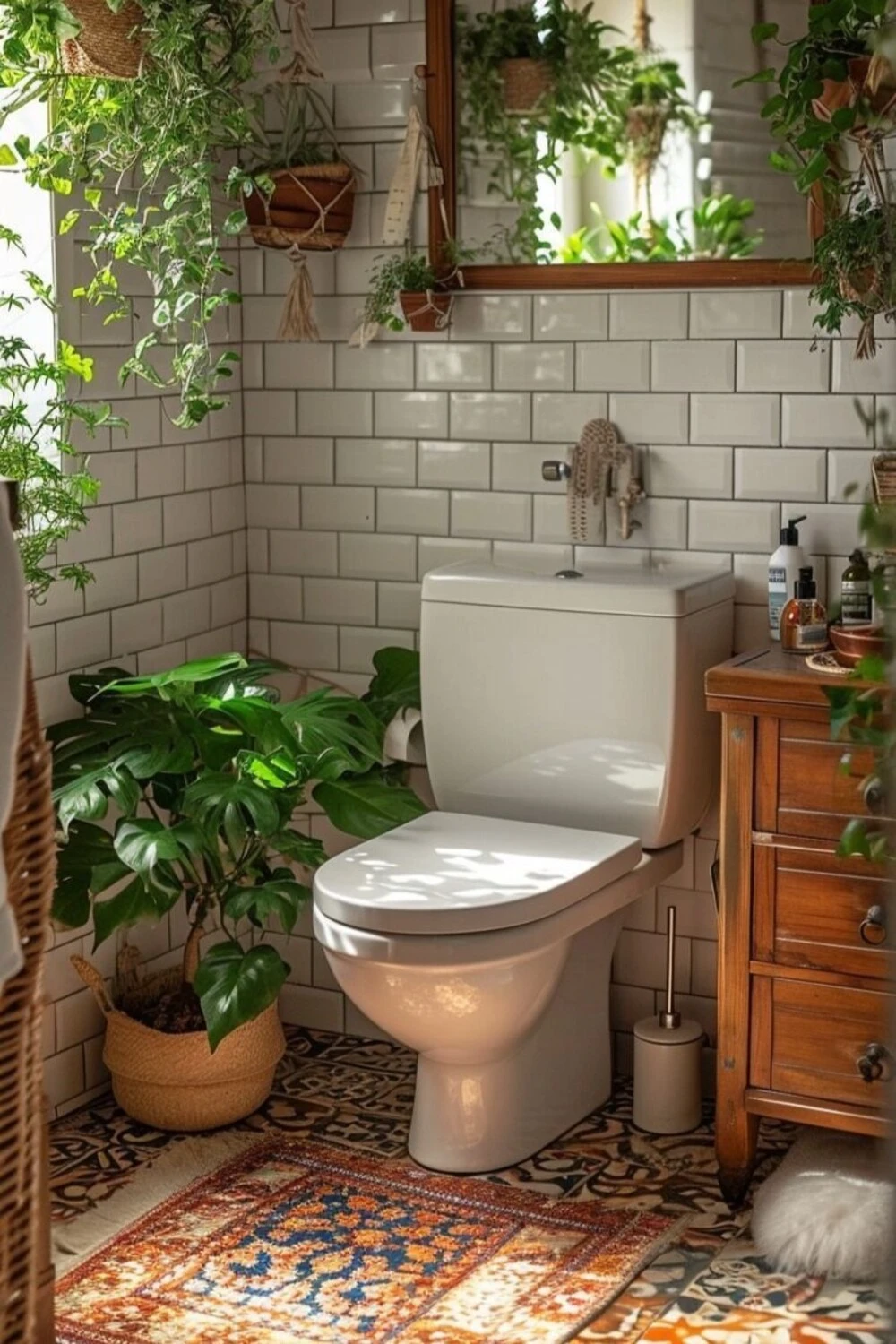 Rustic Bathroom Decor Ideas: 10 Ways to Create a Cozy, Natural Space 9 a rustic bathroom with green potted plants and climbing vines