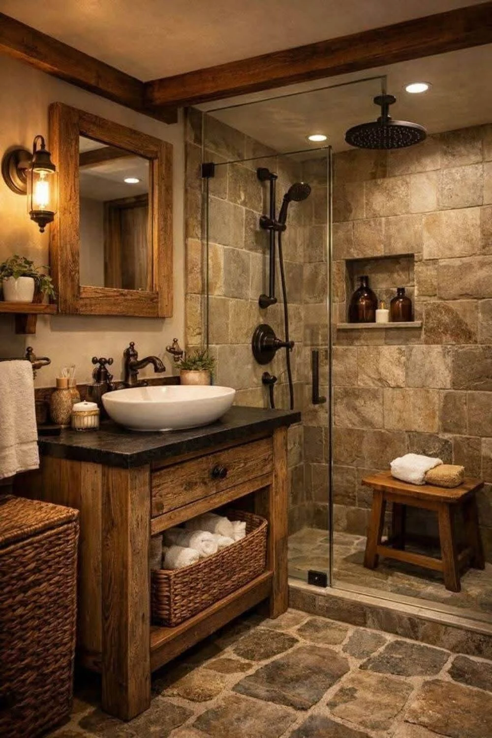 Rustic Bathroom Decor Ideas: 10 Ways to Create a Cozy, Natural Space 4 a rustic bathroom with a stone wall and stone countertop