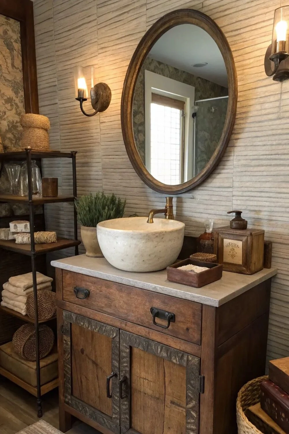Rustic Bathroom Decor Ideas: 10 Ways to Create a Cozy, Natural Space 8 a rustic bathroom with vintage cabinet and mirror