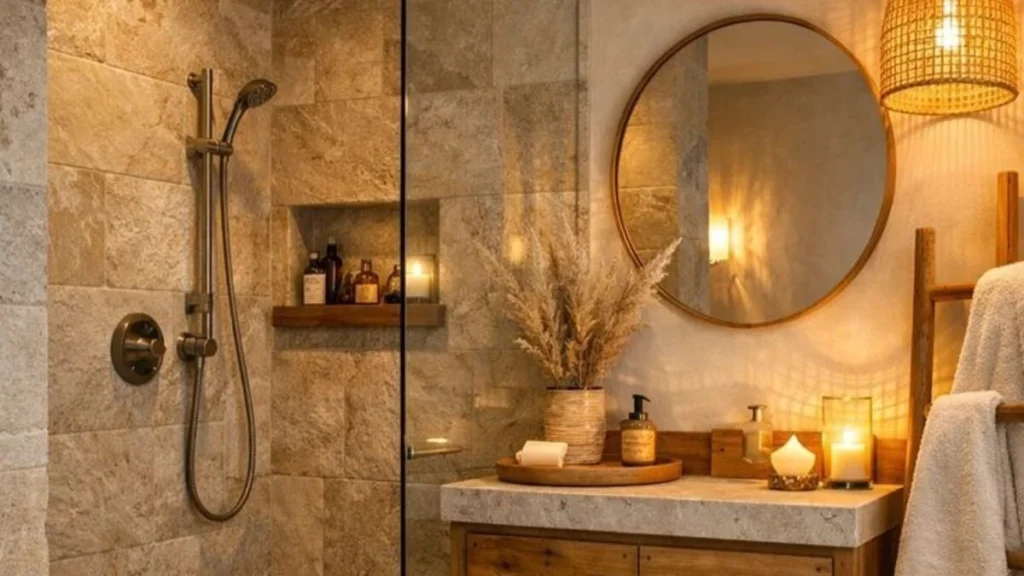 Rustic Bathroom Decor Ideas: 10 Ways to Create a Cozy, Natural Space 1 a rustic bathroom with warm lighting