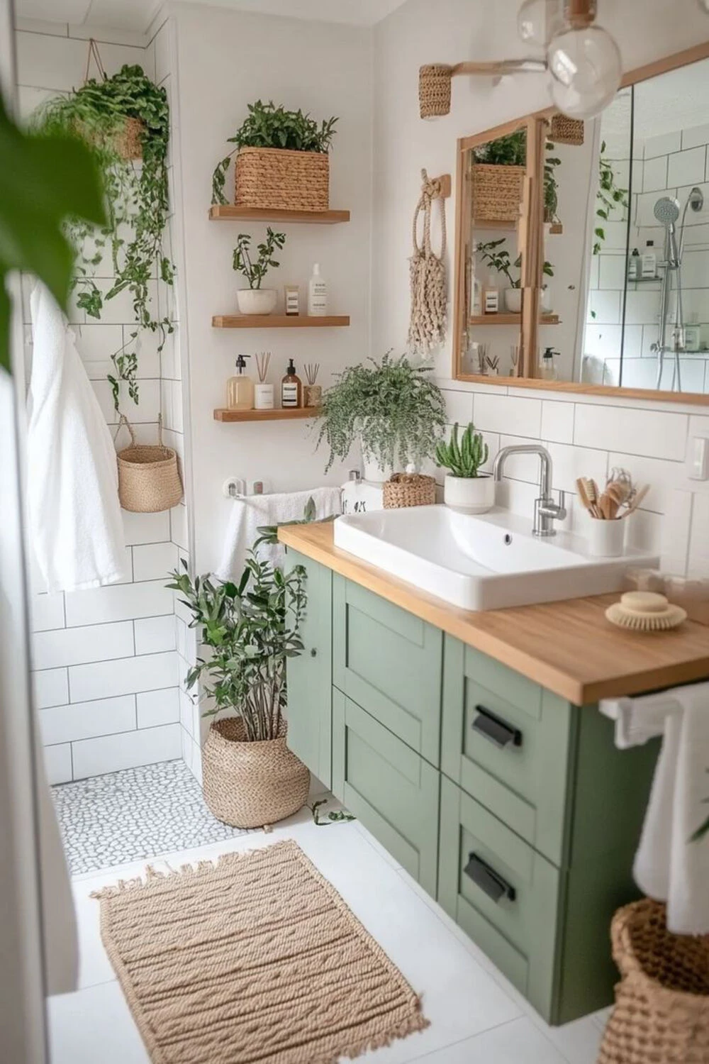 Rustic Bathroom Decor Ideas: 10 Ways to Create a Cozy, Natural Space 3 a rustic bathroom with white wall and green cabinet