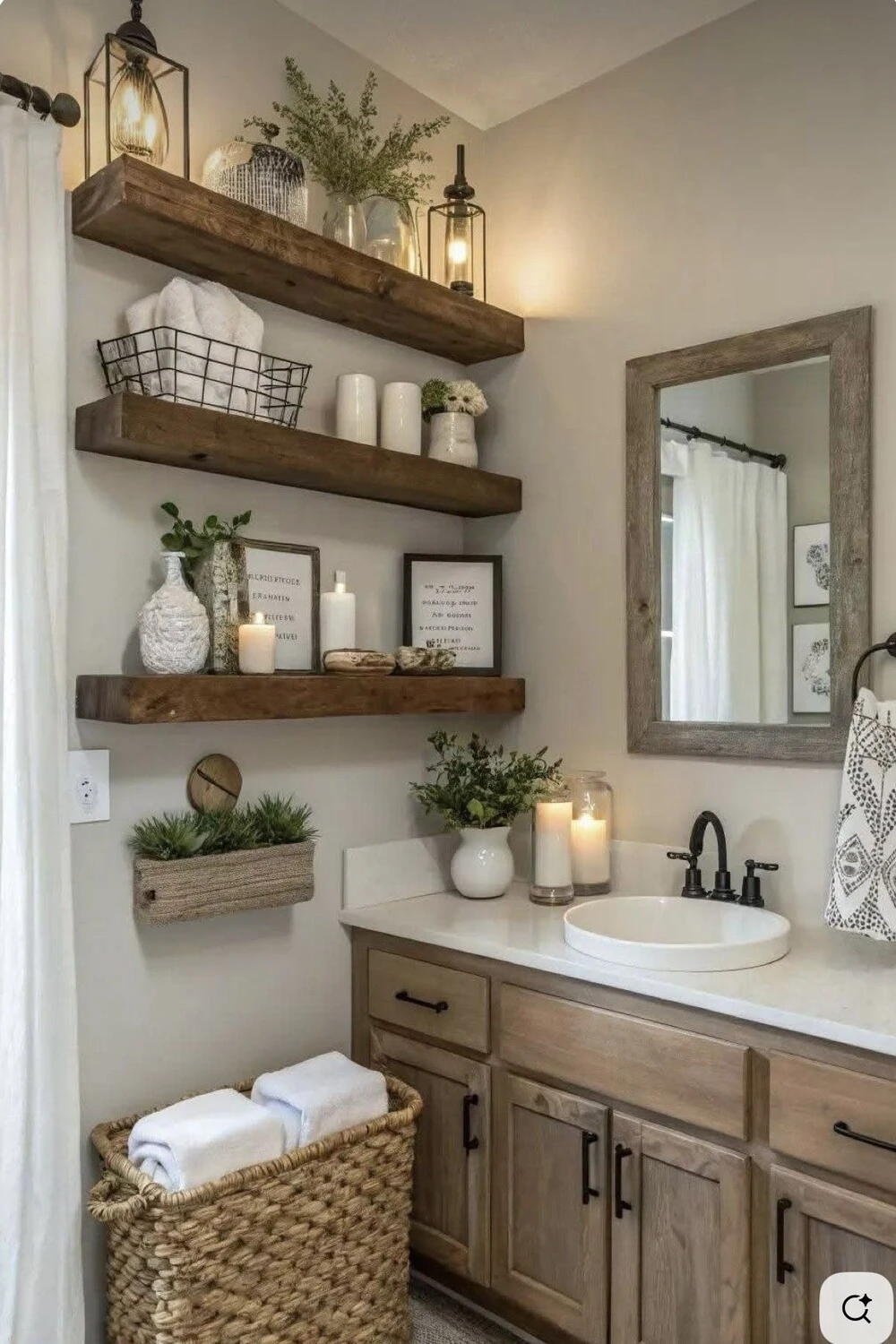Rustic Bathroom Decor Ideas: 10 Ways to Create a Cozy, Natural Space 2 a rustic bathroom with wooden floating shelves and cabinet