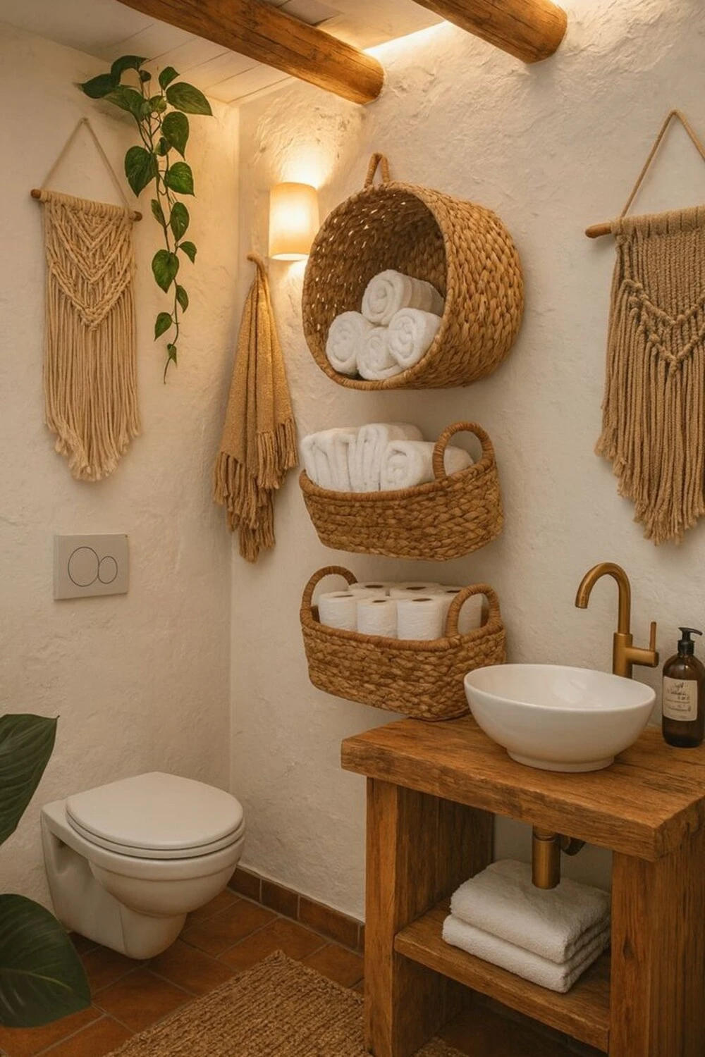 Rustic Bathroom Decor Ideas: 10 Ways to Create a Cozy, Natural Space 6 a rustic bathroom with woven blankets and textured hanging decor