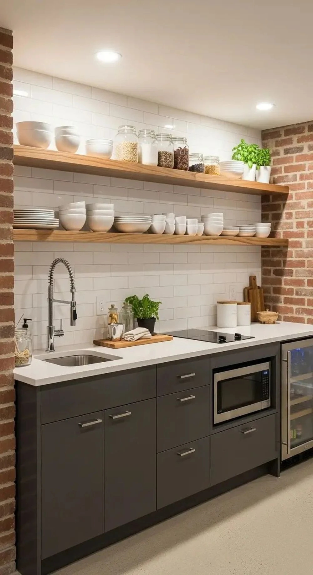a simple basement galley kitchen with floating open shelves