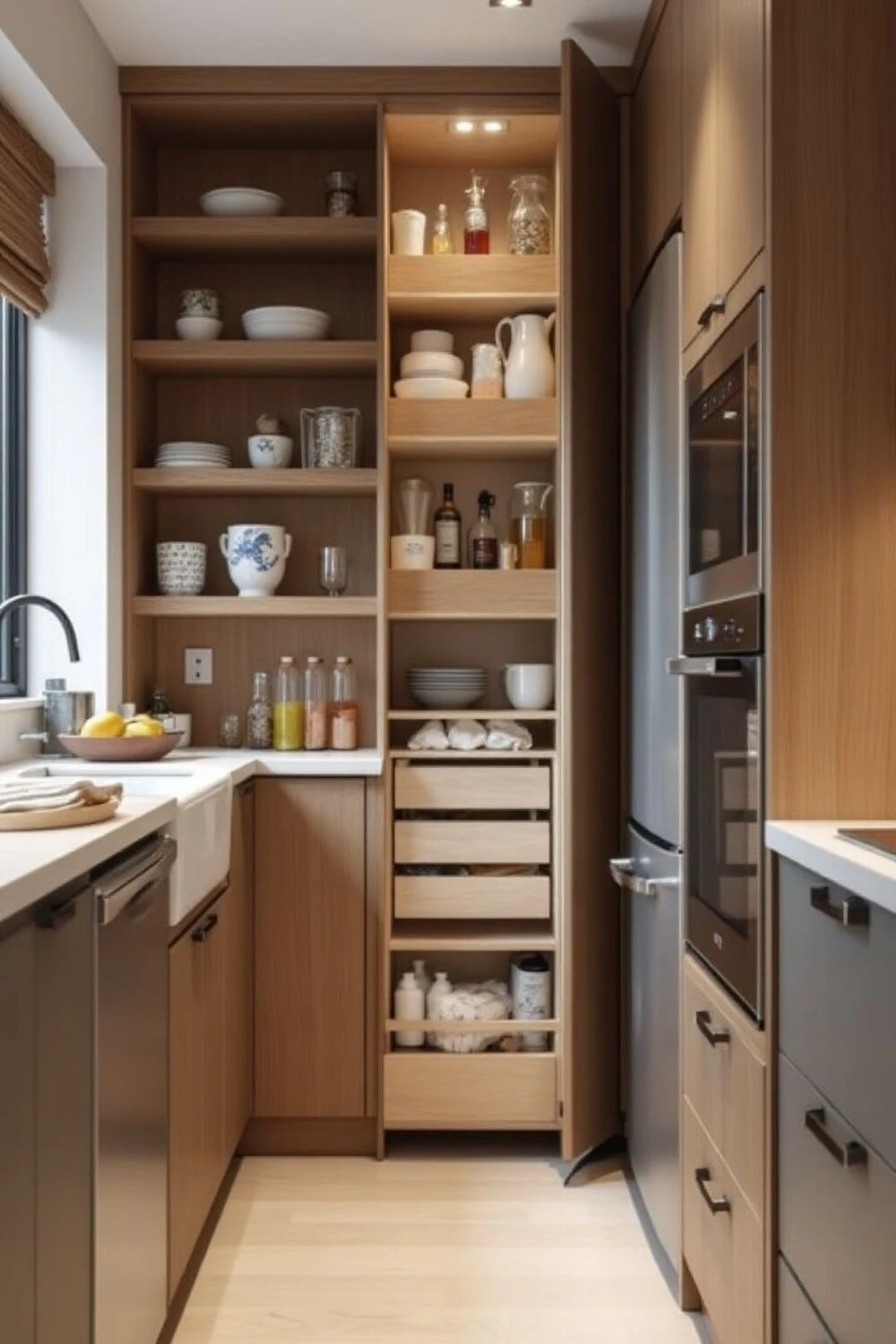 a simple basement galley kitchen with vertical storage