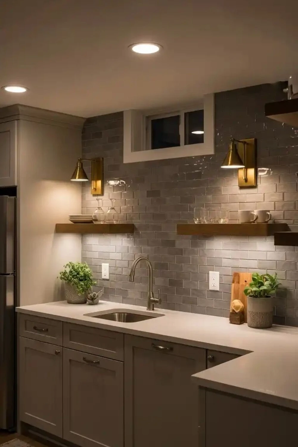 a simple low ceiling basement kitchen with grey backsplash