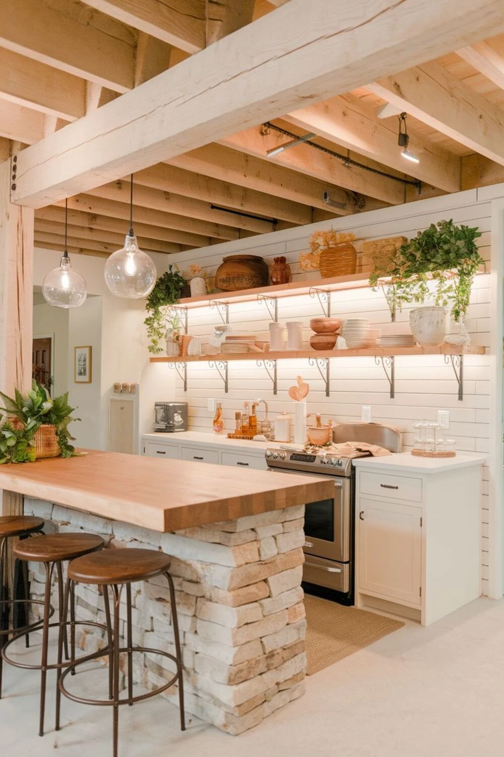 a simple low ceiling basement kitchen with wooden joist ceiling