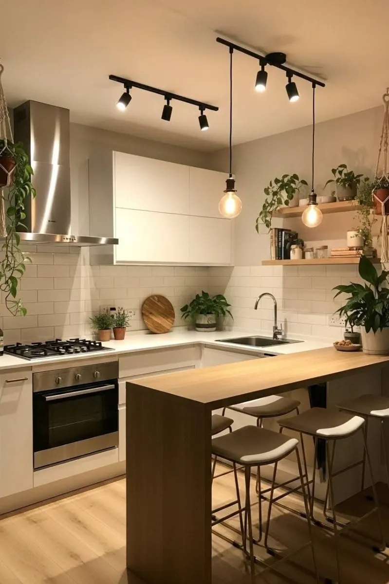 a simple small basement kitchen with dining island