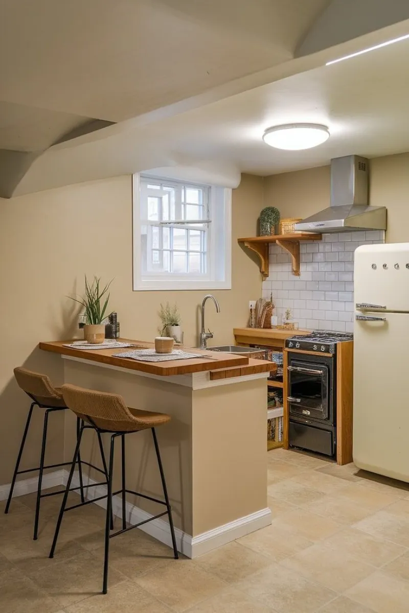 a simple small basement kitchen with extendable counter