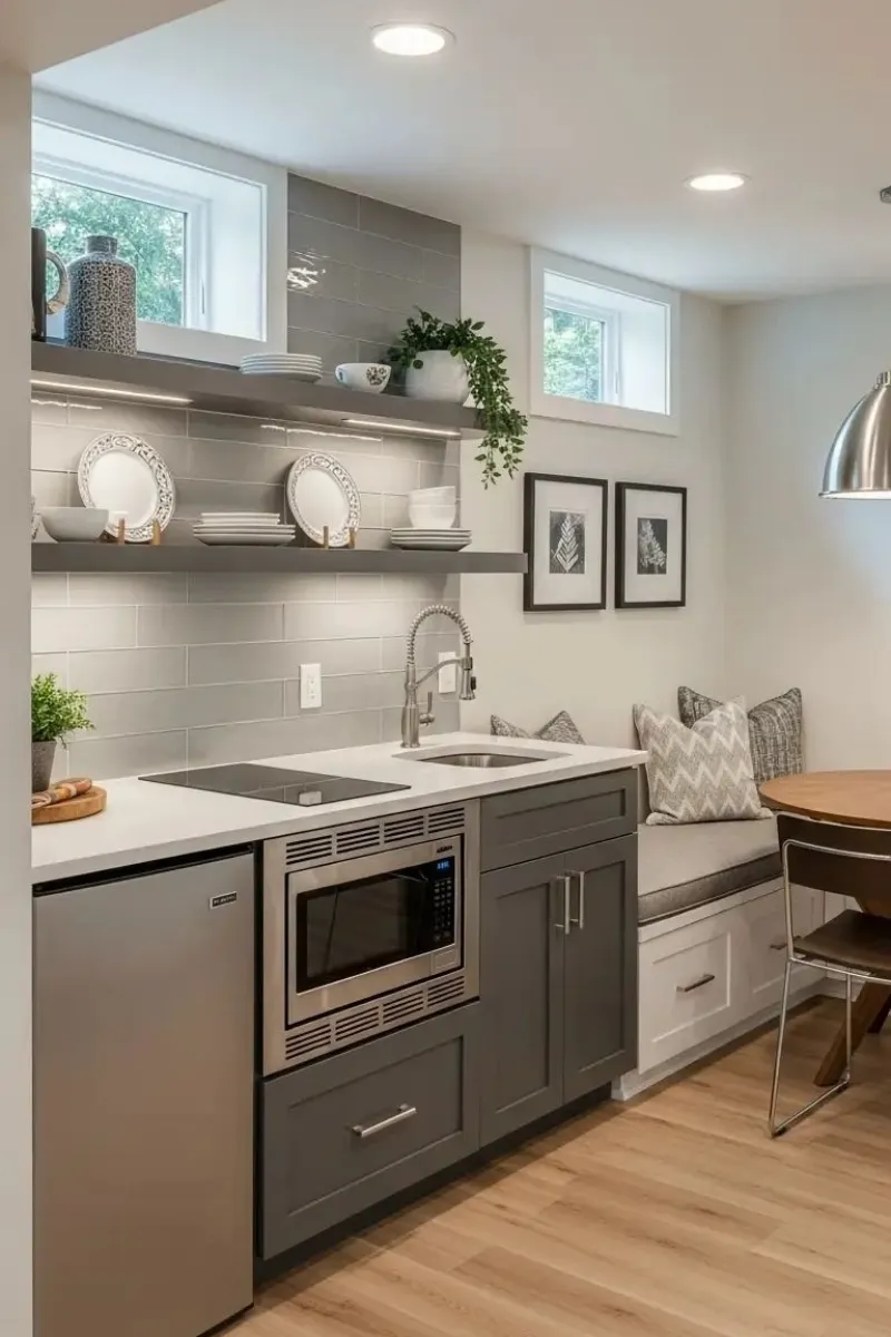 a simple small basement kitchen in white and gray color palette