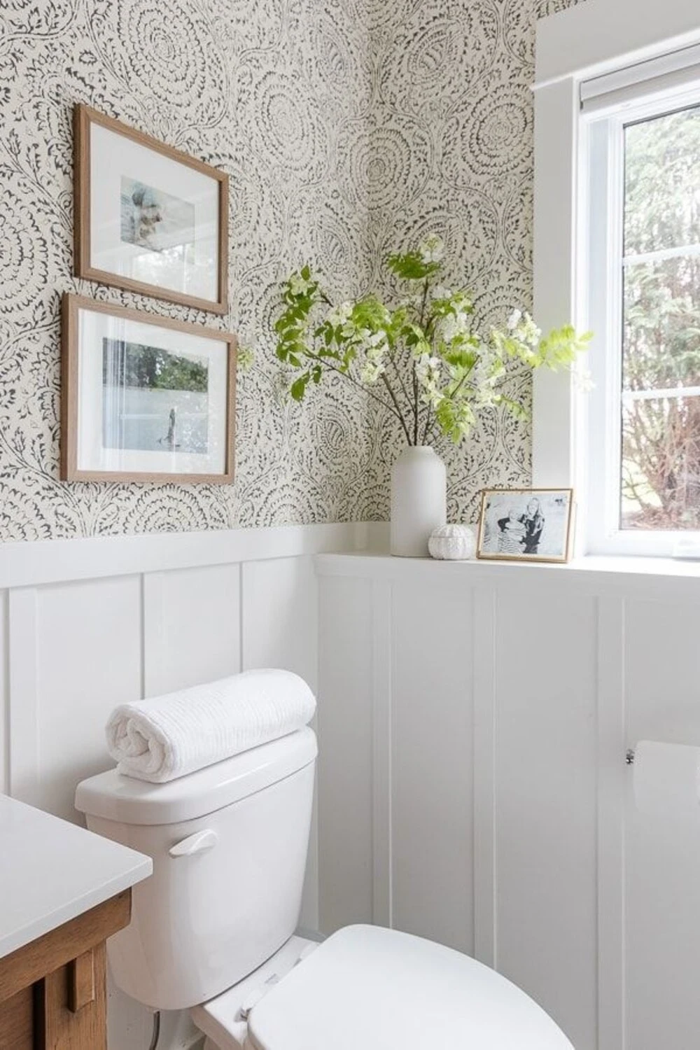 a bathroom with flat panel wainscoting 