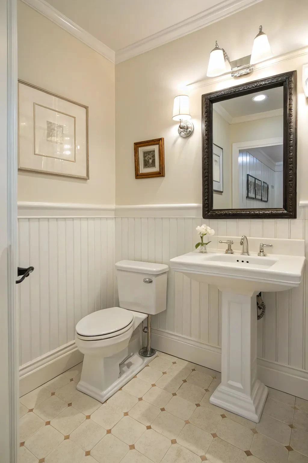 a bathroom with mdf panel wainscoting
