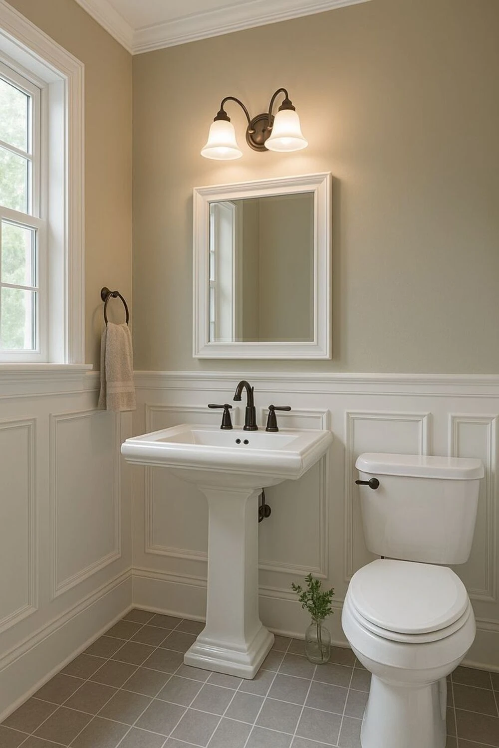 a bathroom with raised panel wainscoting