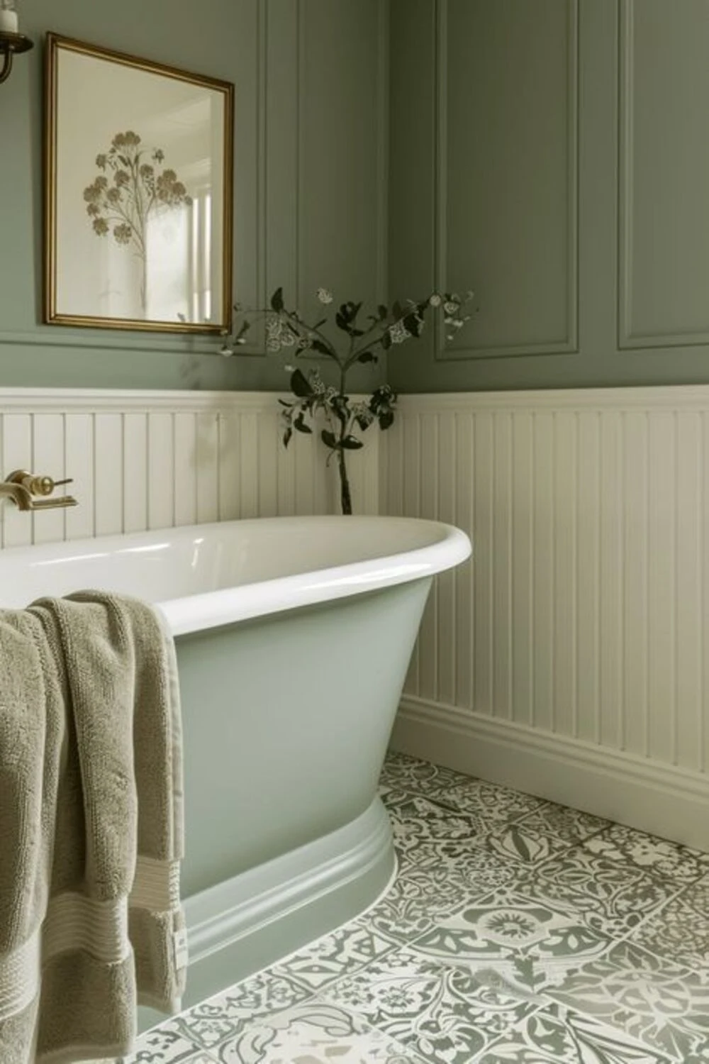 a bathroom with beige wainscoting and sage green wall