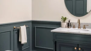 a bathroom wainscoting with navy blue wainscoting