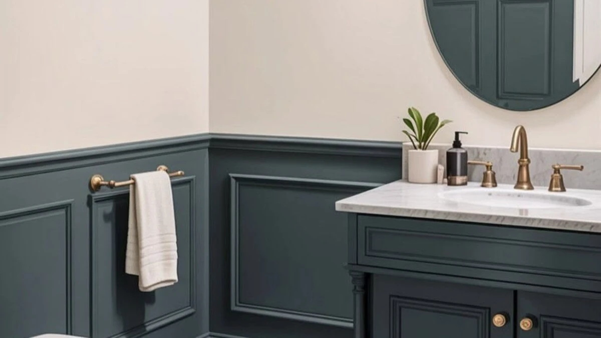 a bathroom wainscoting with navy blue wainscoting