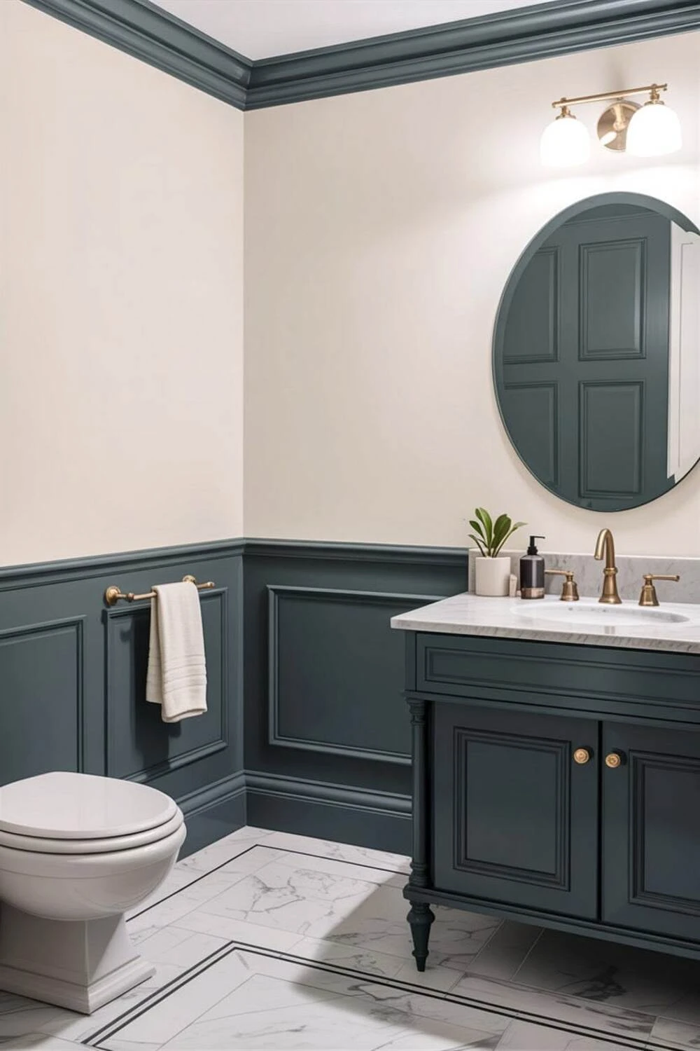 a bathroom with navy blue wainscoting and white wall
