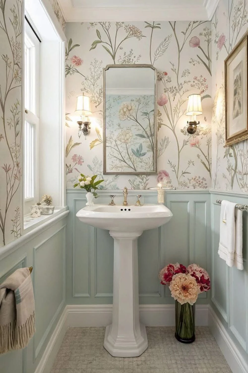a bathroom with wainscoting and wallpaper