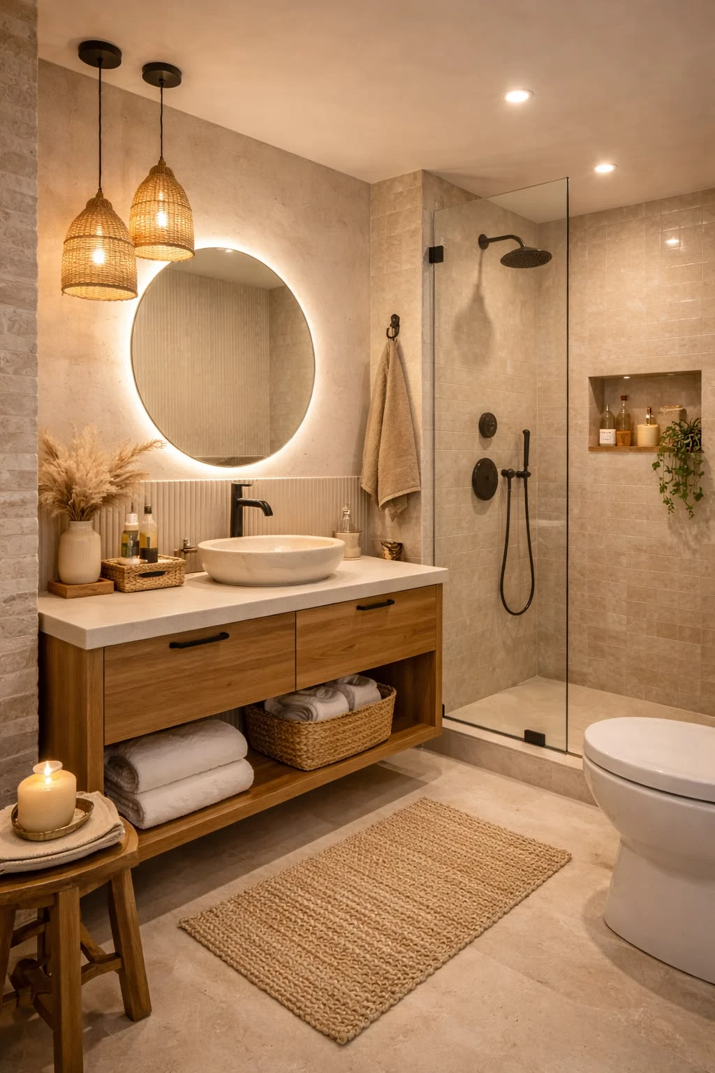 a cozy bathroom with backlit mirror