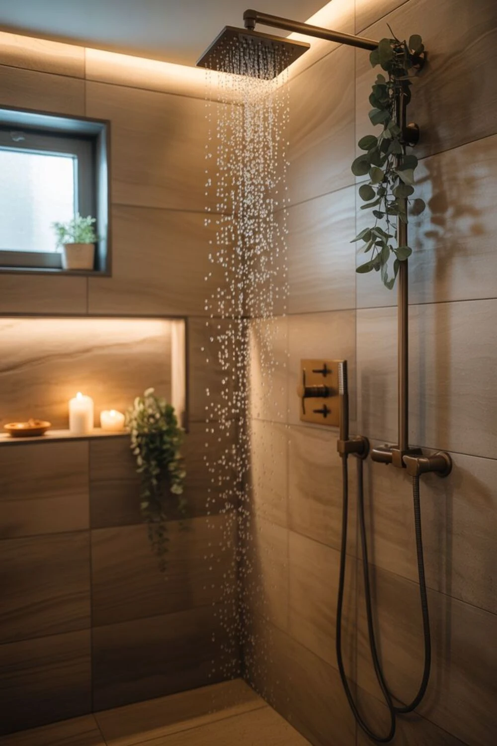 a cozy bathroom with rainfall showerhead