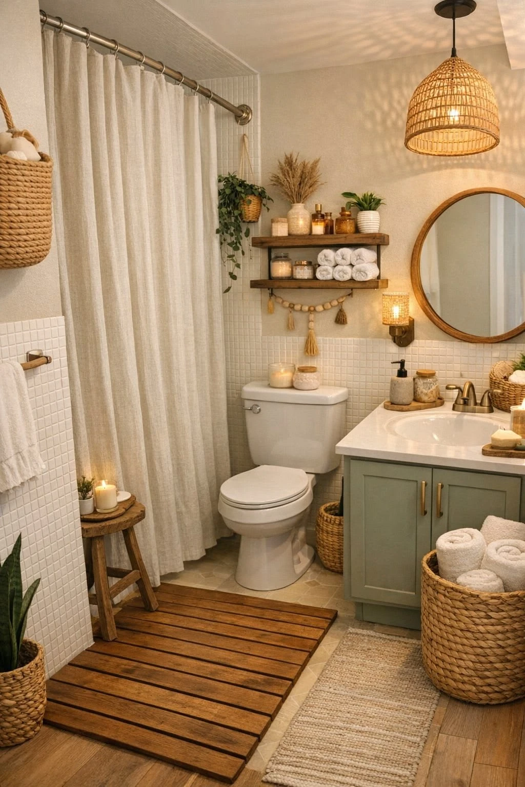 a cozy bathroom with rattan rug and woven baskets