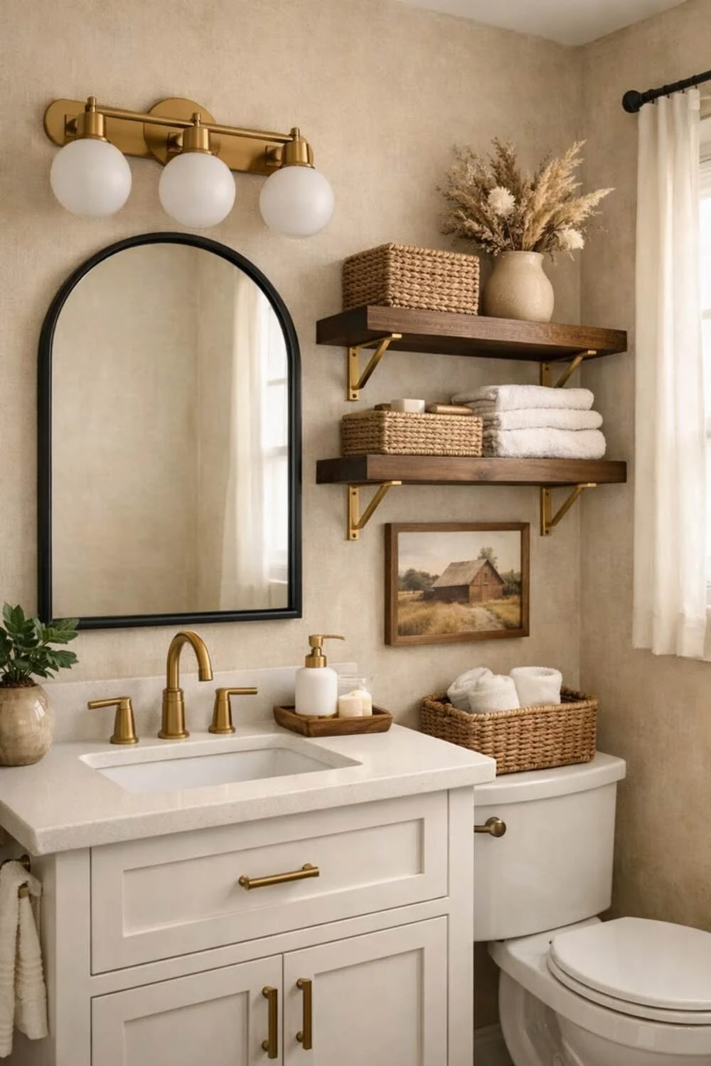 a cozy bathroom with brass hardware