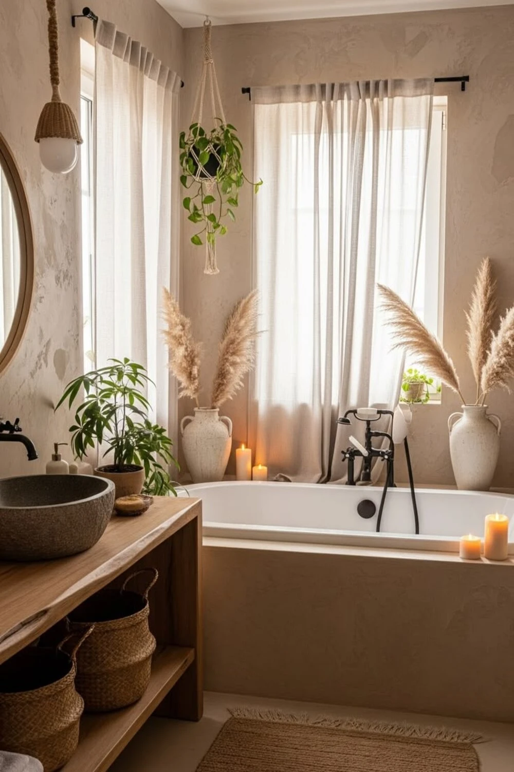 a cozy bathroom with curtain