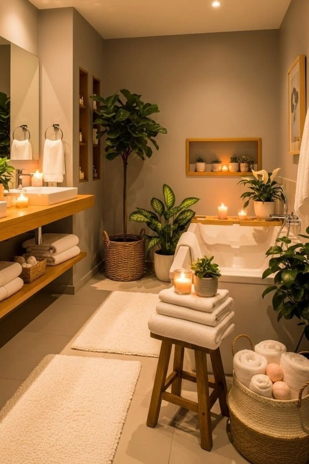 a cozy bathroom with seat for towels