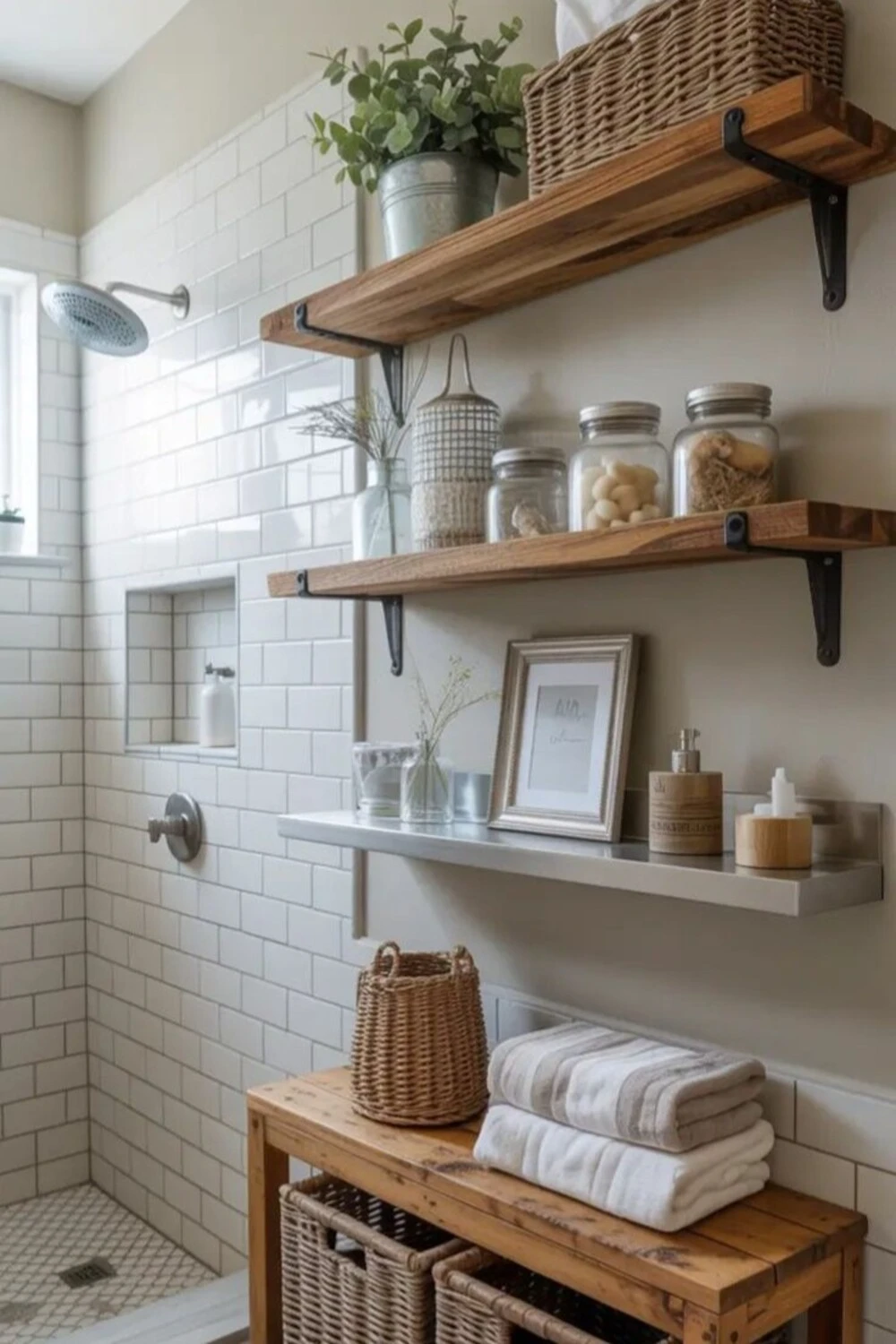 a cozy bathroom with storage shelves and baskets
