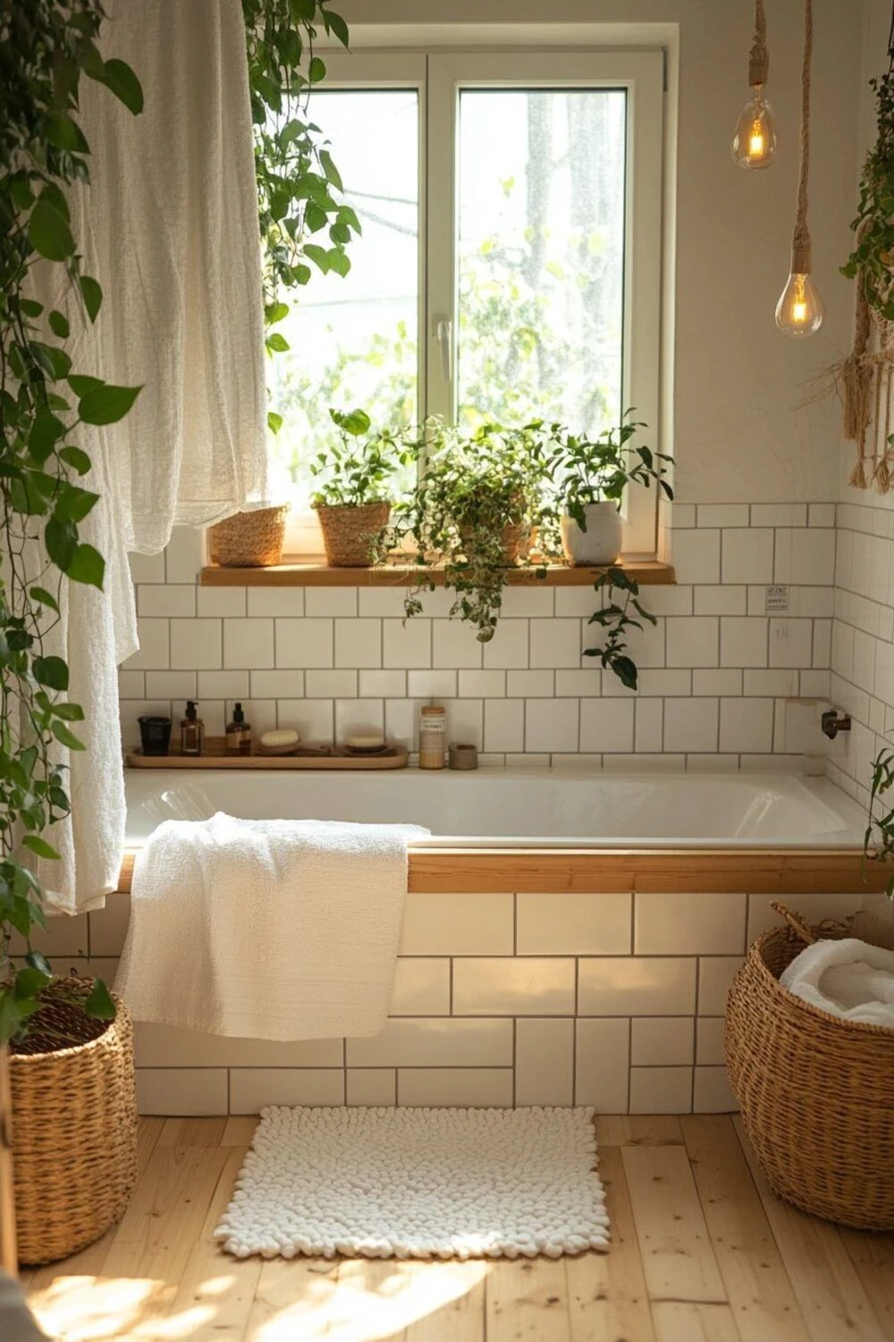 a cozy bathroom with sunshine and plants