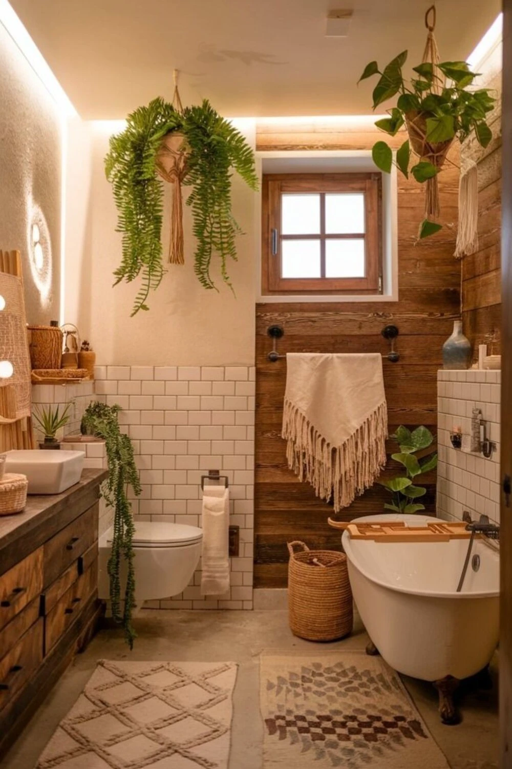 a cozy rustic bathroom with plants on ceiling and floor
