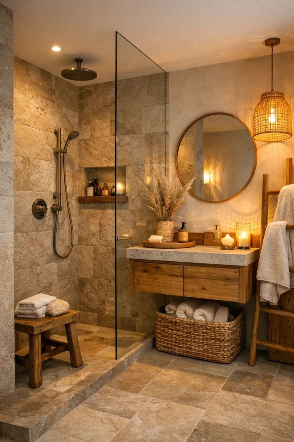 a cozy rustic bathroom with warm lighting