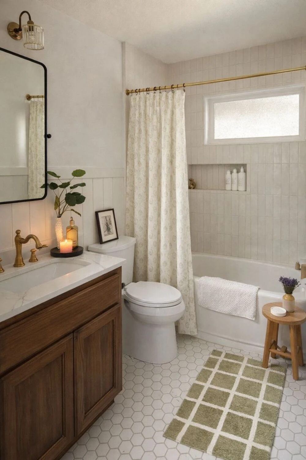 a small bathroom with floor tile and wall tile in consistent color scheme