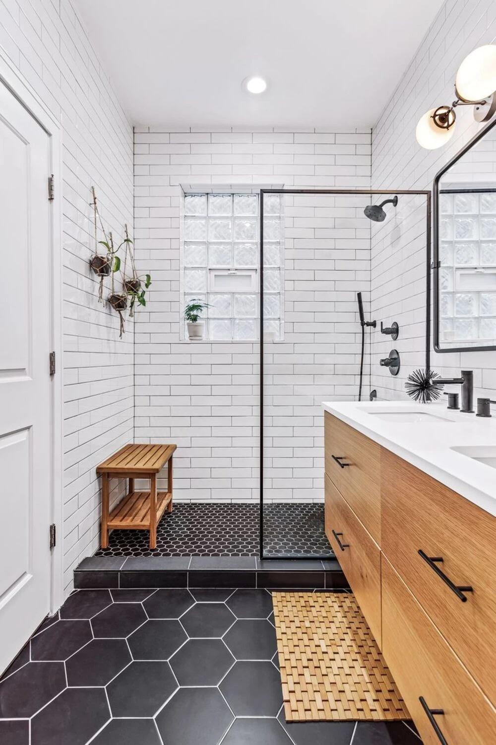 a small bathroom with continuous floor tile