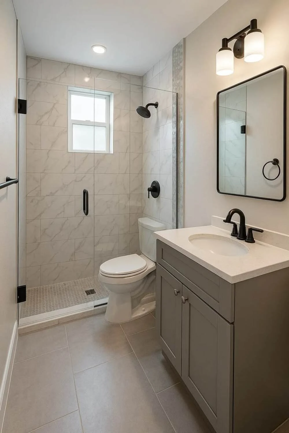 a small bathroom floor tile with thin grout lines